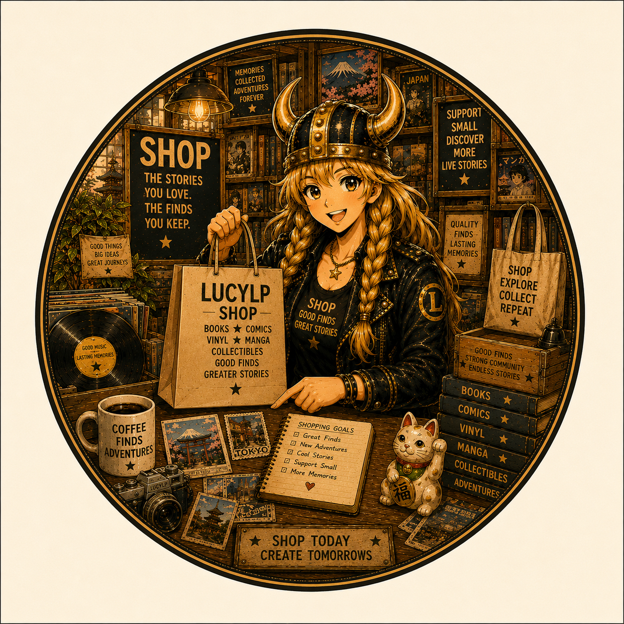 Lucy with a LucyLP shop bag and collectibles for Shop.