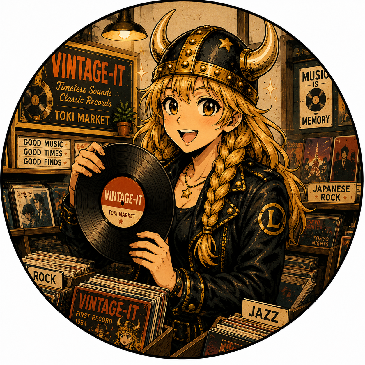 Lucy holding a vinyl record for Vinyl Finds.