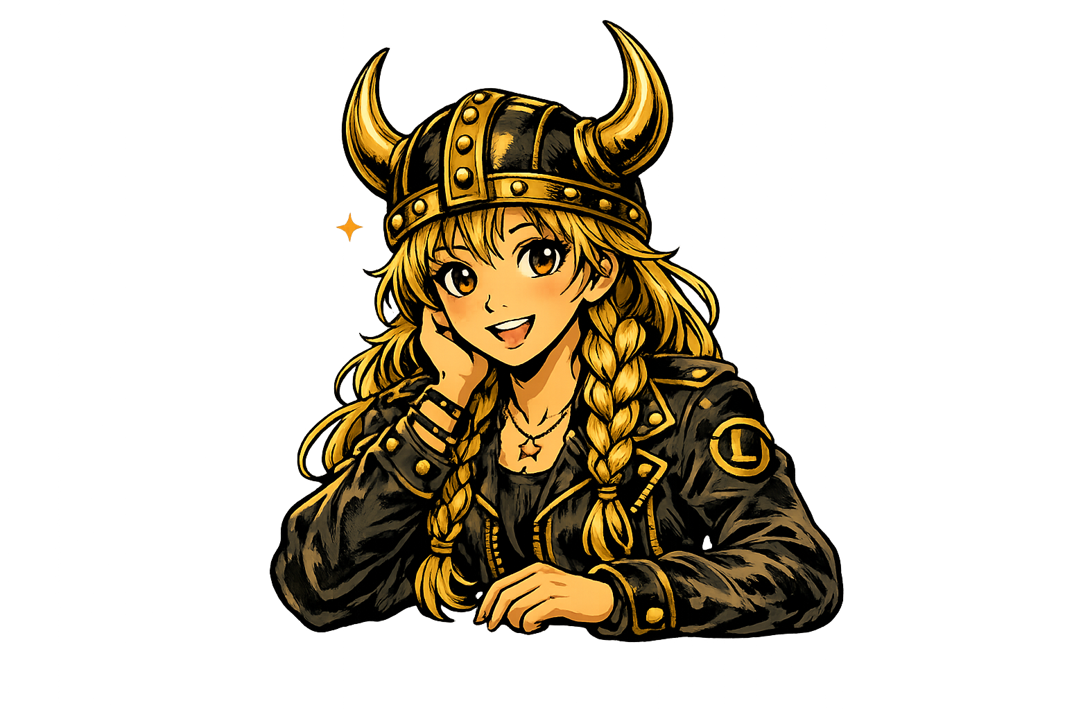 Lucy smiling in a black travel jacket and black-and-gold horned helmet.