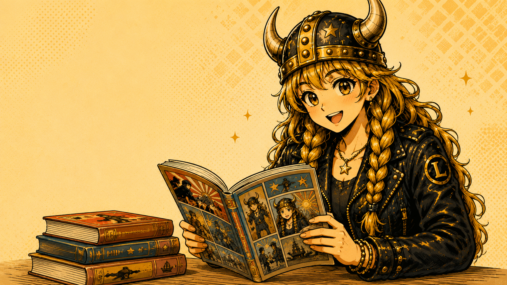 Lucy reading a comic with books beside her for Books and Comics.