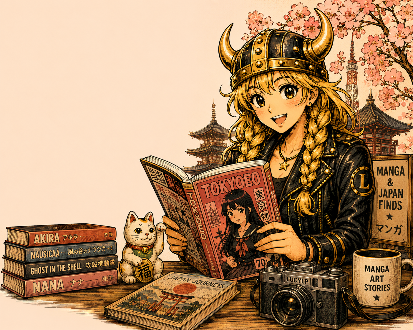 Lucy reading manga with Japanese visual details for Manga and Japan Finds.
