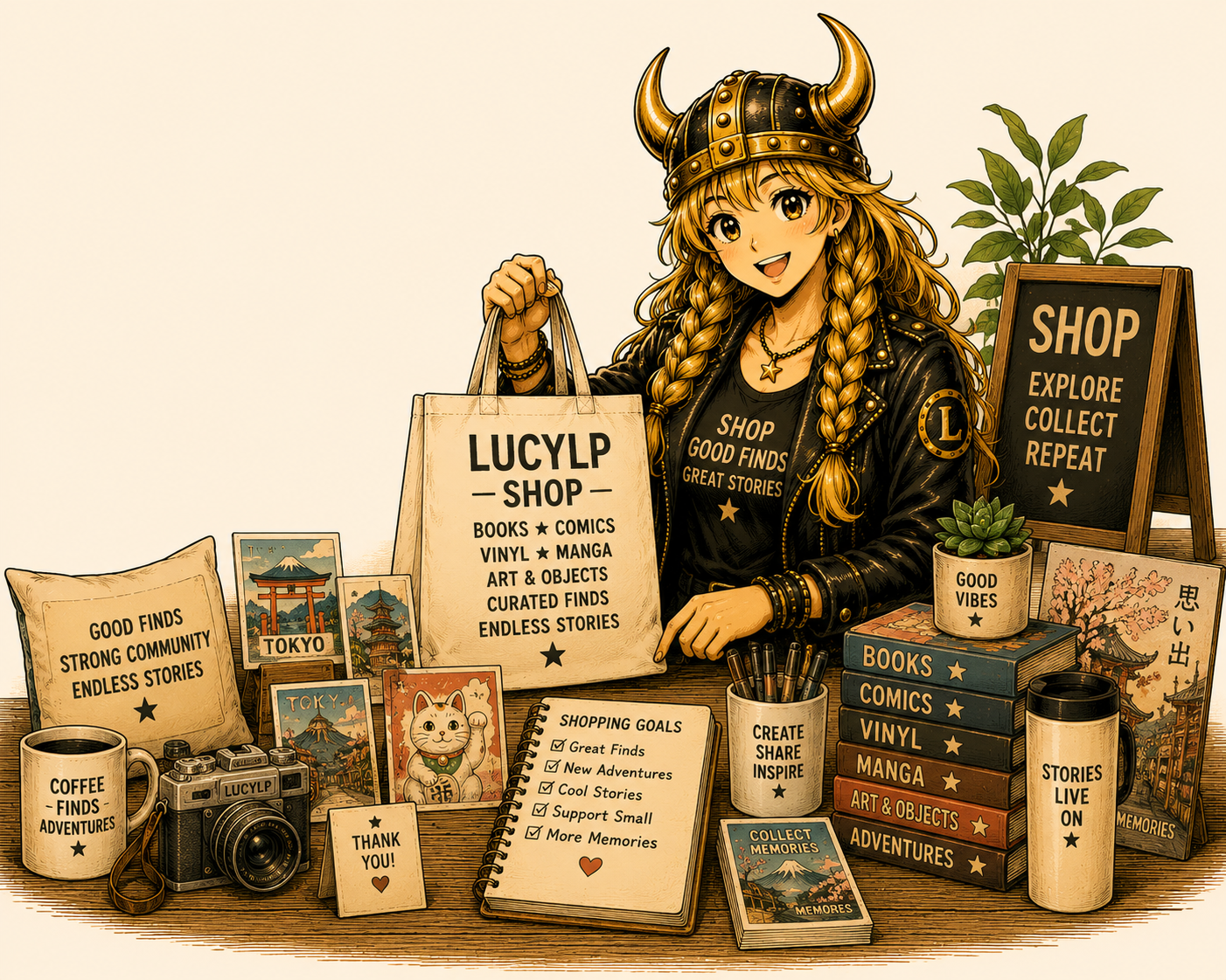 Lucy with a shopping bag and curated LucyLP objects for Shop.