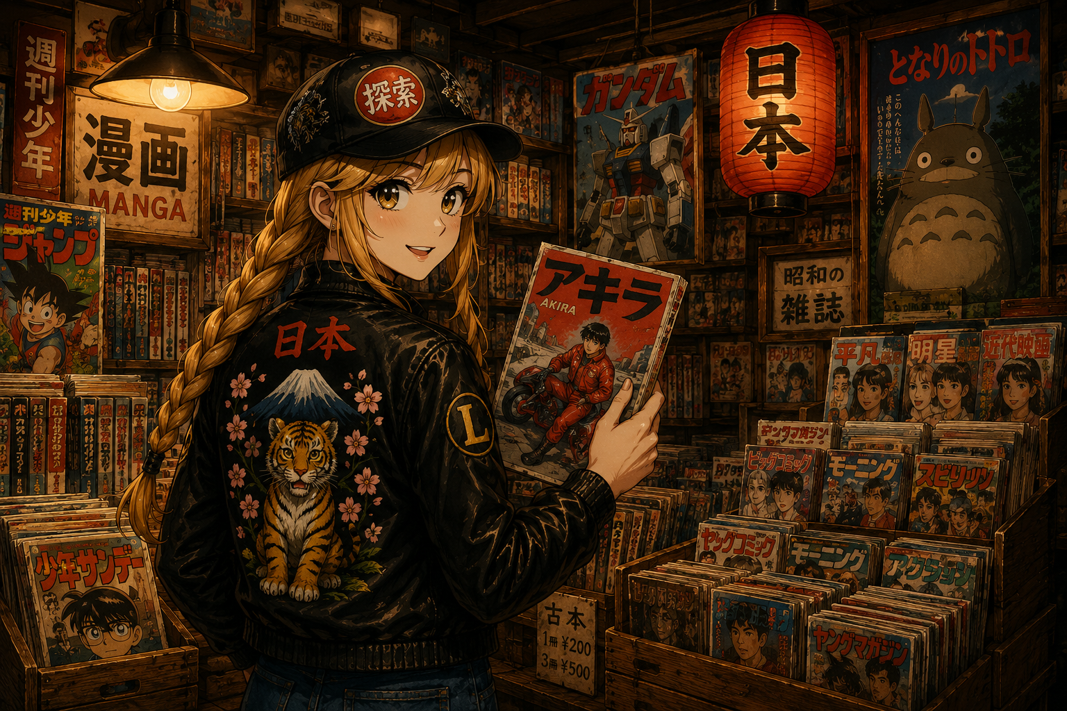 Lucy browsing a warm vintage Japanese manga shop.