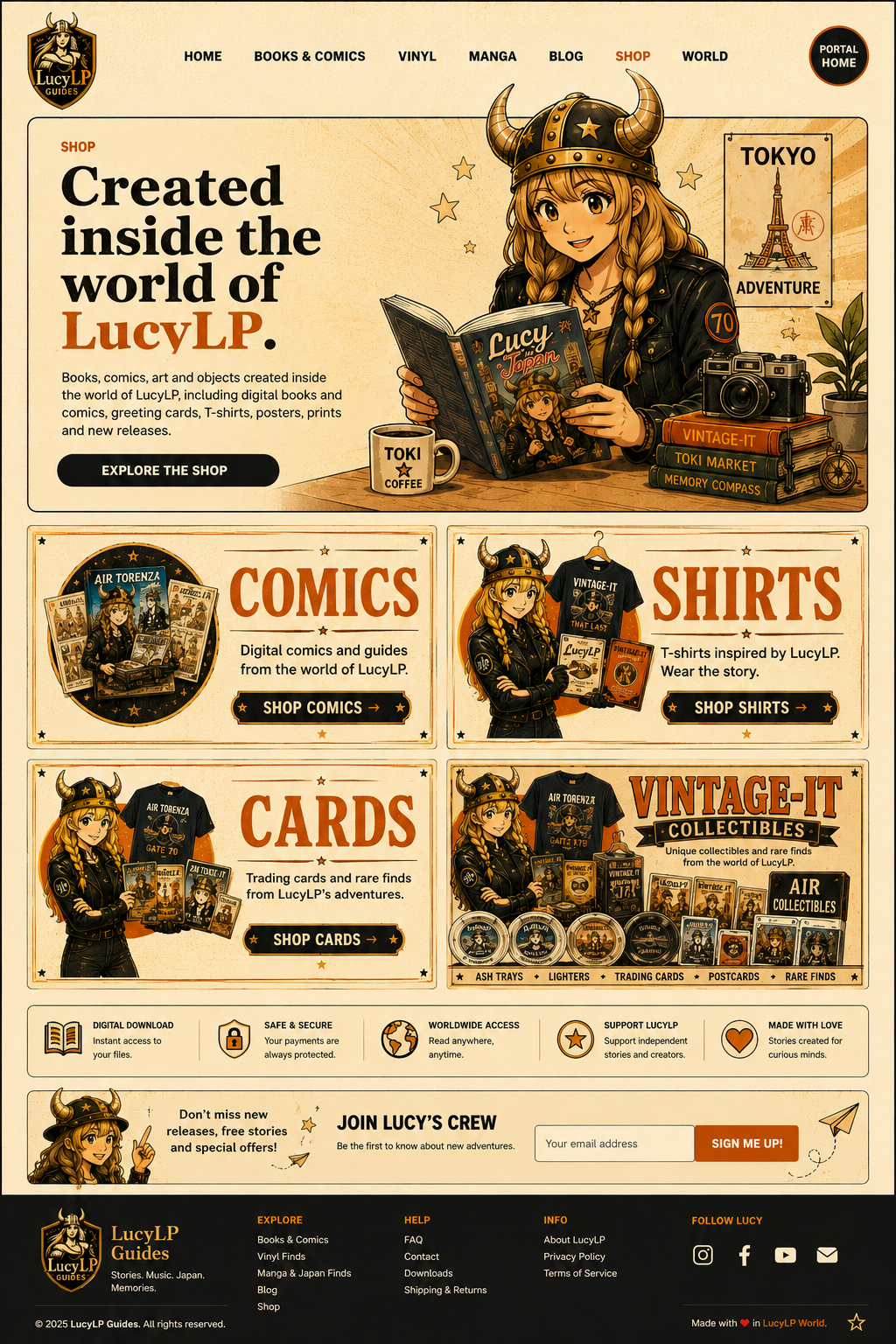LucyLP Shop page with hero, comics, shirts, cards, collectibles, benefits, newsletter and footer.
