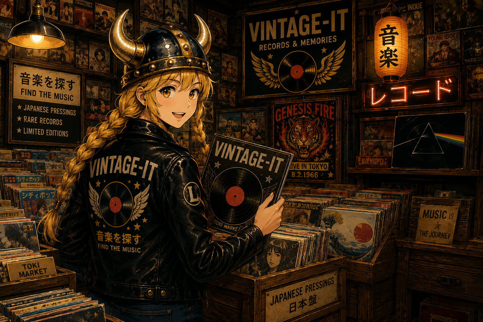Lucy browsing a warm Vintage-It Japanese record shop.