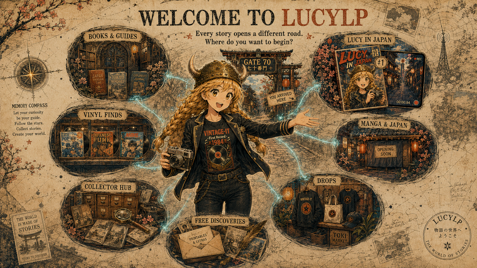Illustrated LucyLP world board with connected story departments.